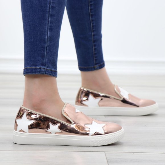 Rose Gold With White Stars Patent Sneakers Shoes - Picture 5 of 14